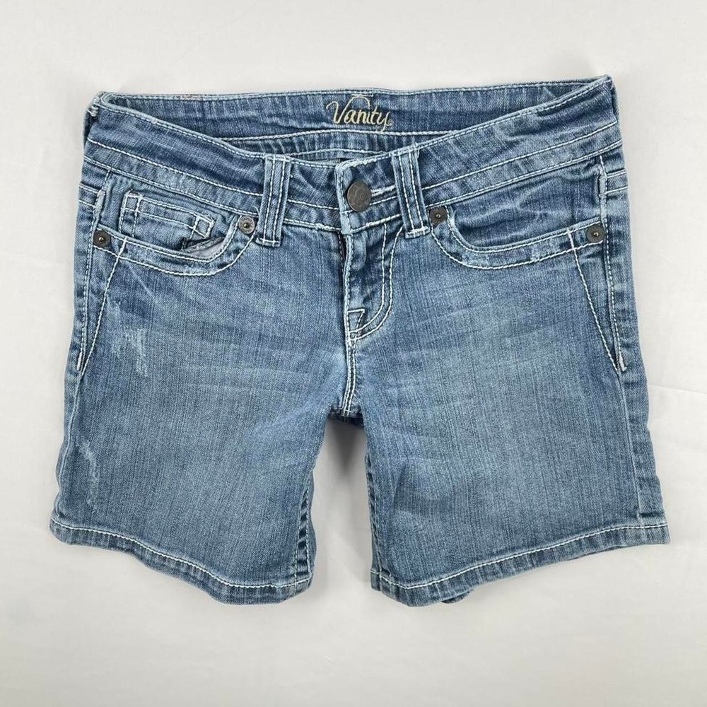 Y2K Low Rise Bermuda Jean Shorts Bling Embroidered 25 XS Faded Summer Casual